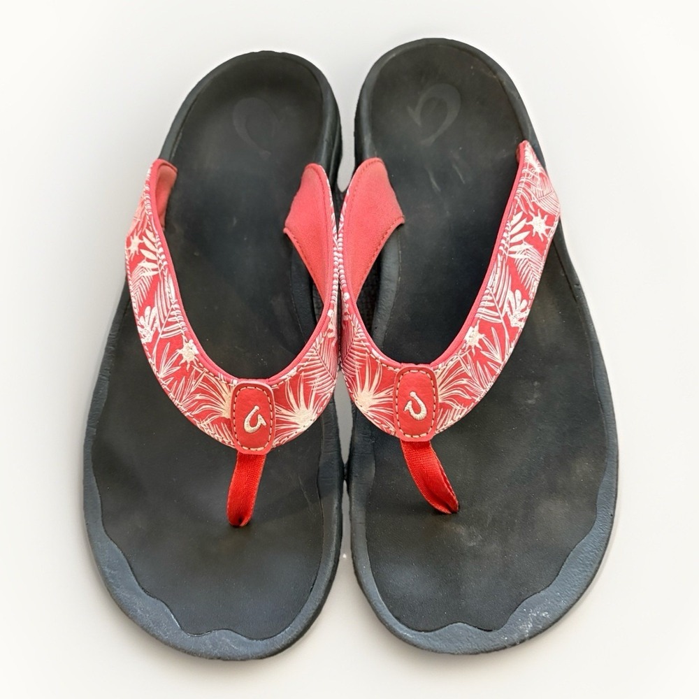 OluKai Ohana Woman's Size 11 Flip Flops Sandals‎ Lehua flower/onyx 20110